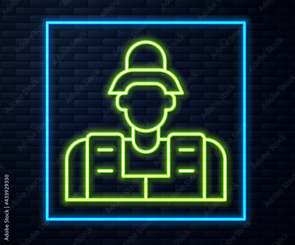 Glowing neon line Fisherman icon isolated on brick wall background. Vector