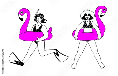Cheerful cute girls with an inflatable pink flamingo. Trend illustration is hand drawn in doodle style. Vector illustration isolated on white background. Girl in fins and a mask runs to swim.