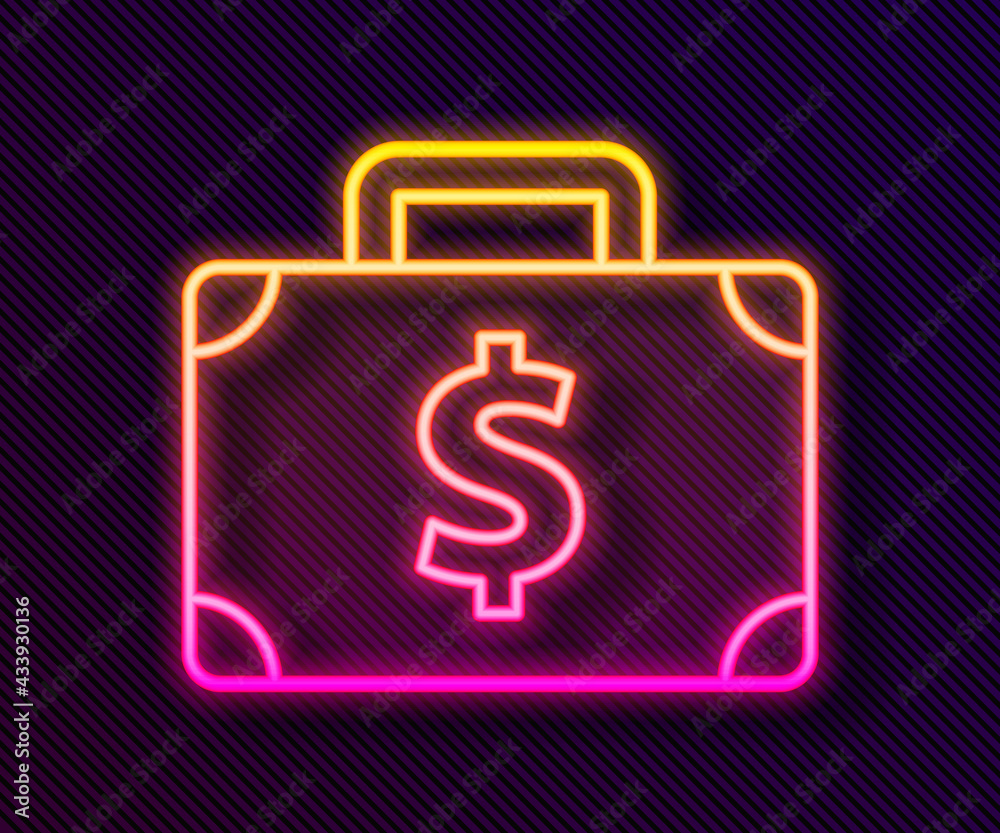 Glowing neon line Briefcase and money icon isolated on black background. Business case sign. Business portfolio. Vector Glowing neon line Briefcase and money icon isolated on black background. Business case sign. Business portfolio. Vector