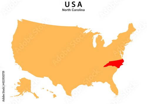 North Carolina State map highlighted on USA map. North Carolina map on United state of America.