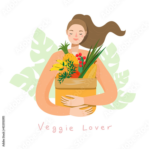 Young Woman holding natural fruits and vegetables in grocery paper bag. Vegan girl eat organic products. Happy Female cartoon character. Vegetarian, vegan nutrition concept. Eco Vector illustration