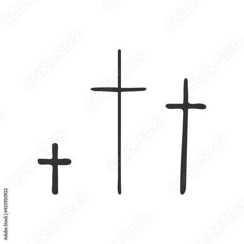 Hand-drawn three Christian crosses isolated on a white background. Religion and Christianity. Christian symbols. Vector illustration
