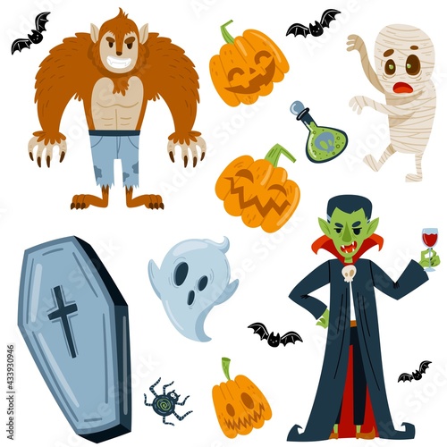 Set of Halloween characters. Werewolf, dracula, ghost, coffin. Isolated on a white background. Vector illustration