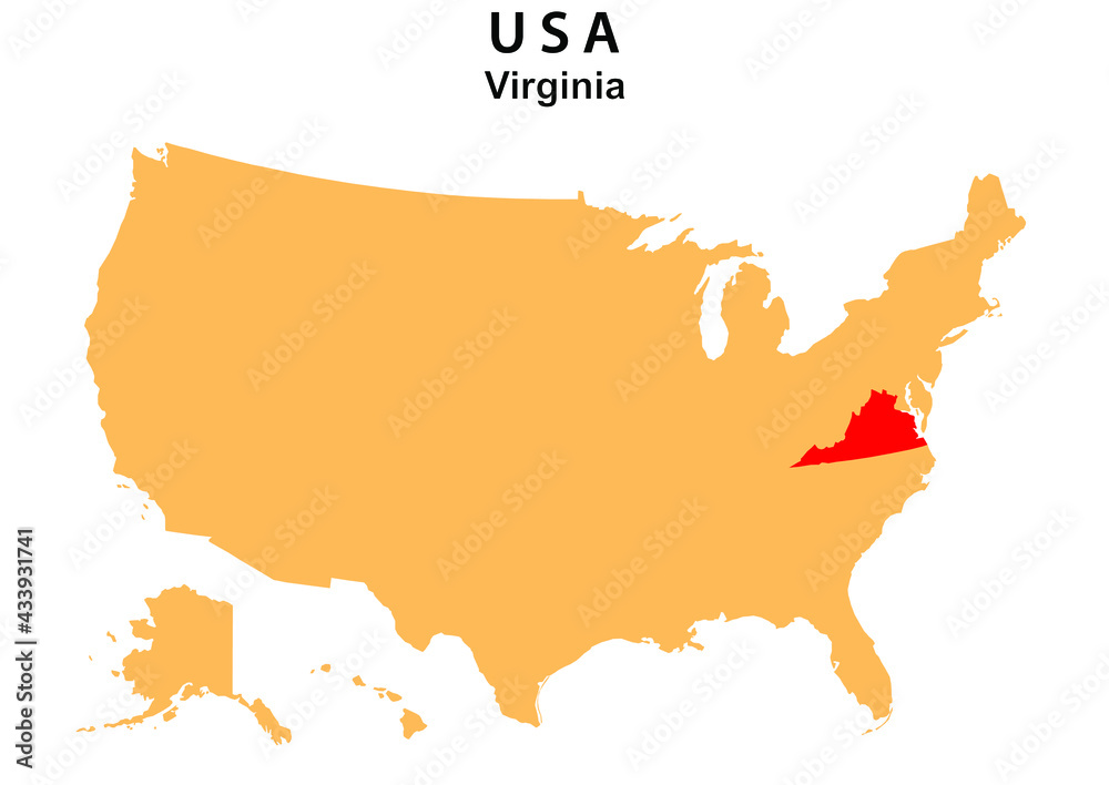 Virginia State map highlighted on USA map. Virginia map on United state of America.