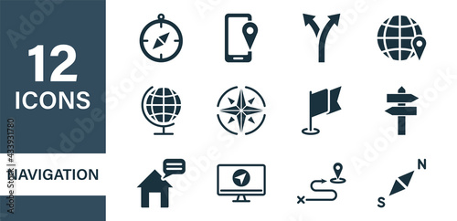 Navigation and Map line icons. Navigation, Road Location, Destination line icons. Map, Pointer, Pin, GPS, Compass, Geo Location, Traffic and Tourism Silhouette icons. Vector illustration