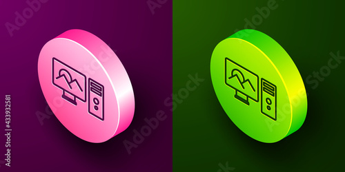 Isometric line Photo retouching icon isolated on purple and green background. Photographer, photography, retouch icon. Circle button. Vector