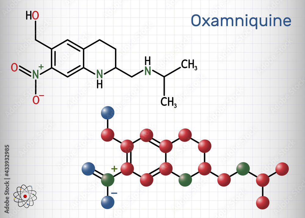 Oxamniquine molecule. It is member of quinolines, anthelmintic with schistosomicidal activity against Schistosoma mansoni, used to treat schistosomiasis. Sheet of paper in a cage