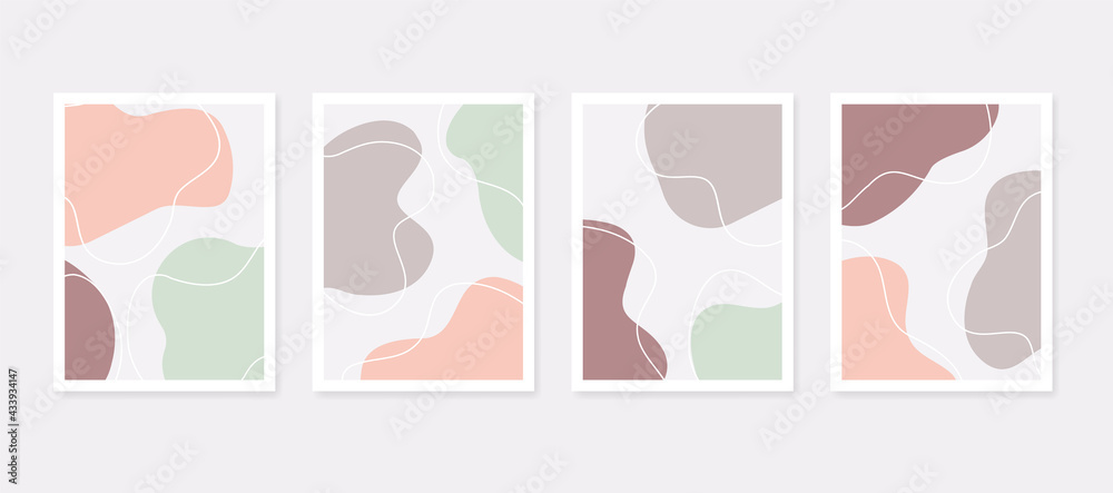 Abstract art backgrounds with organic shape in pastel colors. Modern set of design template with dynamic fluid elements. Abstract wall arts. Templates for cover, banner, poster, social media stories.