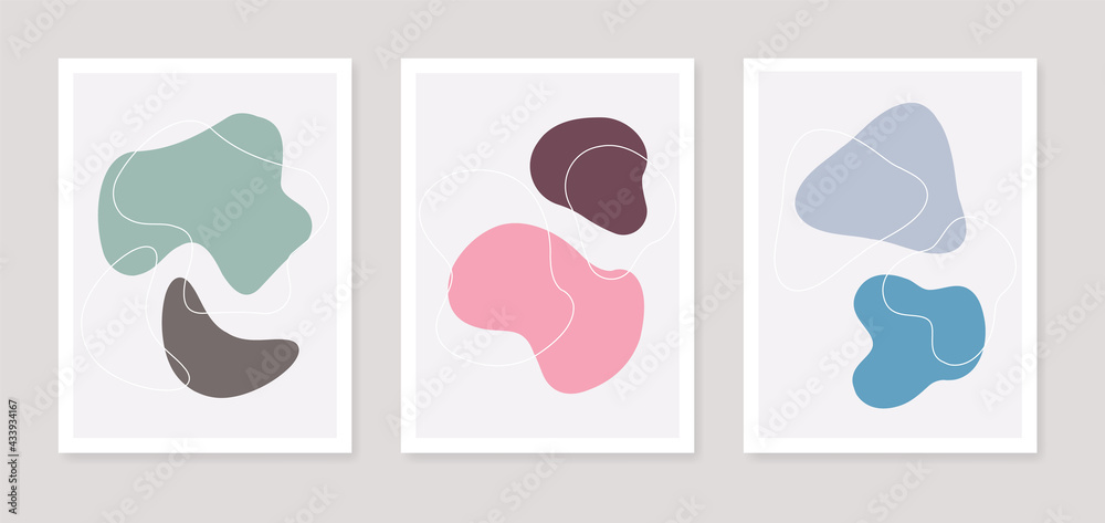 Abstract art backgrounds with organic shape in pastel colors. Modern set of design template with dynamic fluid elements. Abstract wall arts. Templates for cover, banner, poster, social media stories.