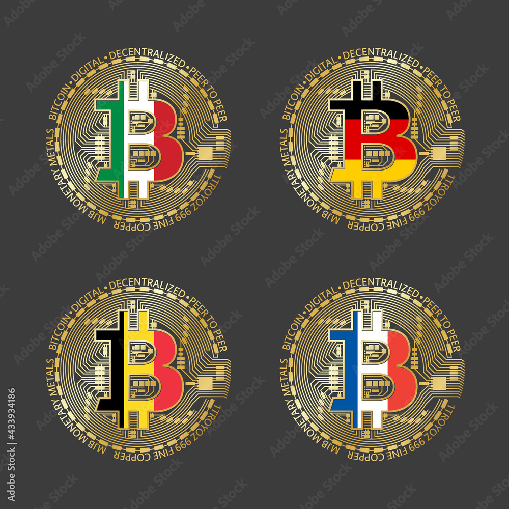 Four golden Bitcoin icons with flags of Italy, Germany, Belgium and France. Vector cryptocurrency icons isolated on grey background. Blockchain technology symbol