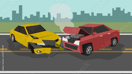 Illustiation and Vector of cartoon. Two cars collide on a asphalt road. The front was badly damaged. Cars rotating across the road. Landscapes of meadows and outside the city. Need insurance.