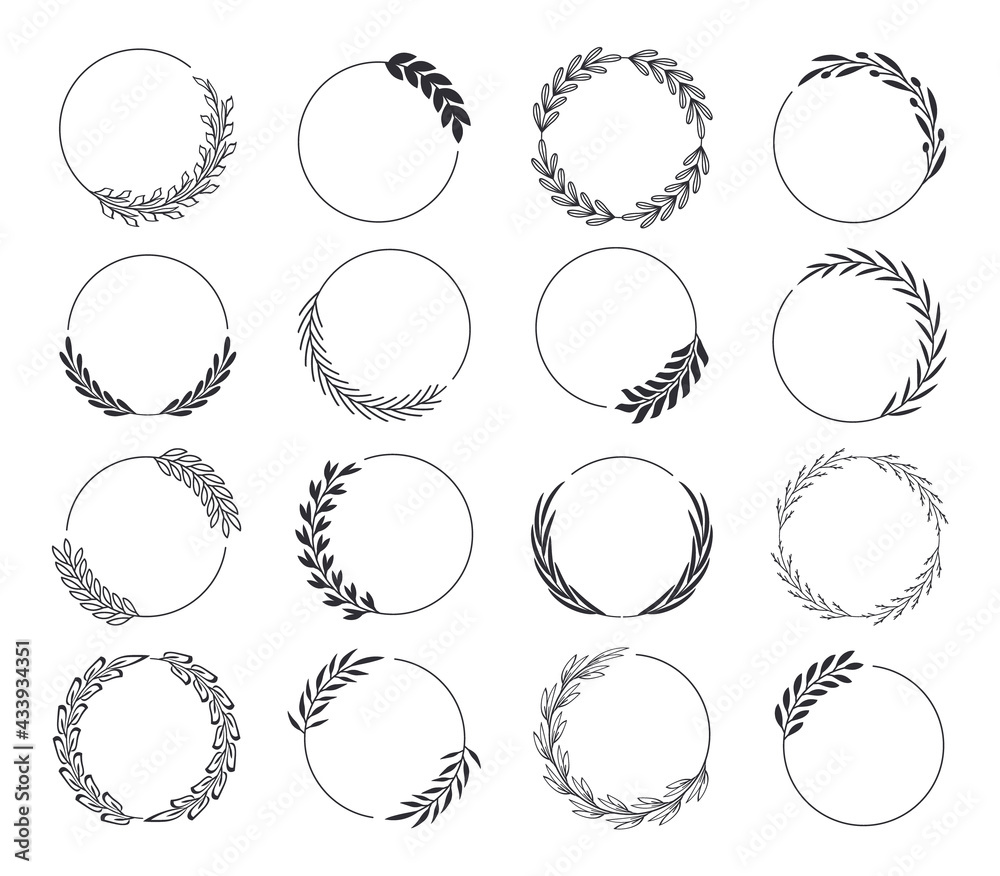 Set of black laurel wreaths. Laurel branches frames collection. Floral round frames of leaves. Vintage decorative elements for awards, medals, achievement, emblem, premium quality, ornate and logo. Set of black laurel wreaths. Laurel branches frames collection. Floral round frames of leaves. Vintage decorative elements for awards, medals, achievement, emblem, premium quality, ornate and logo.