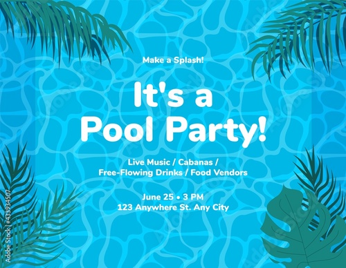 Pool party vector poster, flyer or banner template. Pool or Beach Party Invitation Template Card. Swimming pool event invitation. Beach club holiday poster. Summer time.