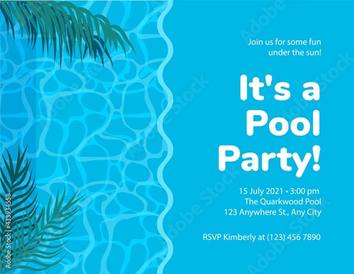 Pool party vector poster, flyer or banner template. Pool or Beach Party Invitation Template Card. Swimming pool event invitation. Beach club holiday poster. Summer time.