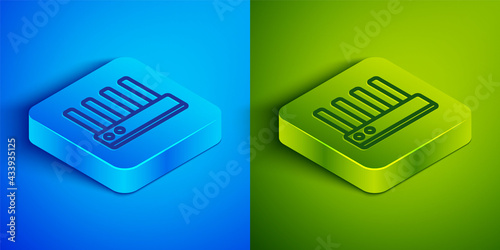Isometric line Router and wi-fi signal icon isolated on blue and green background. Wireless ethernet modem router. Computer technology internet. Square button. Vector