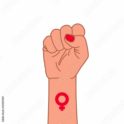 female hand raised up, fist clenched in protest, feminism illustration, women fight for equal rights