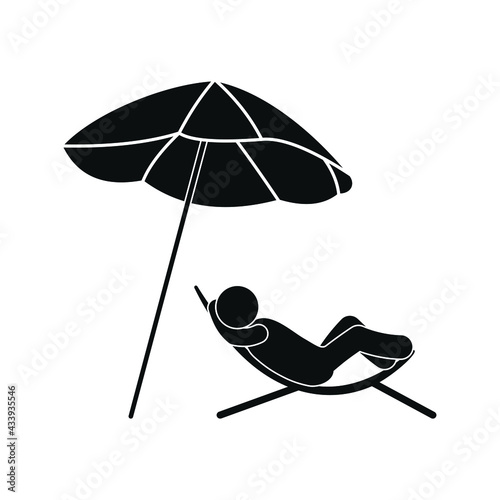 rest on the beach icon, man in sun lounger under umbrella resting, stick man pictogram, isolated silhouette