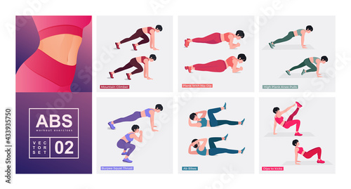 Abs Workout exercise Set. Women doing fitness and yoga exercises. 