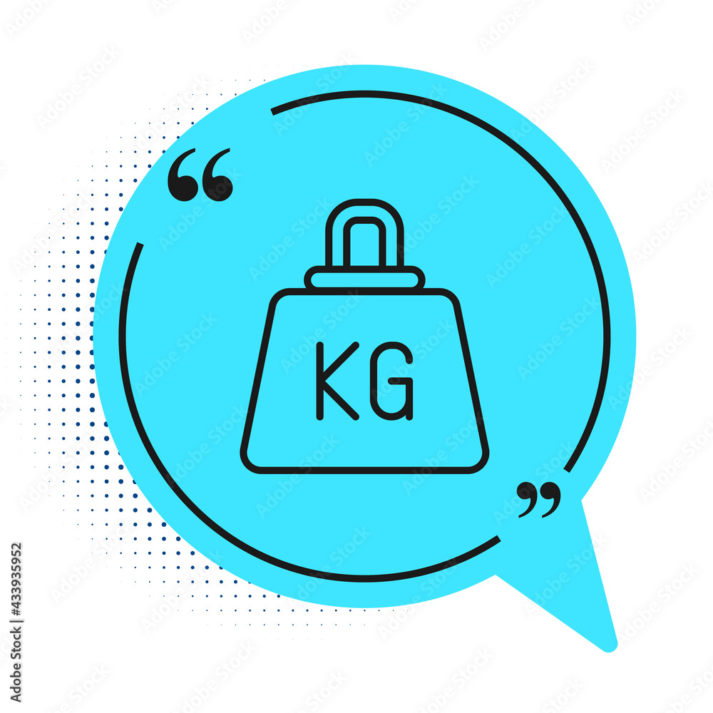 Fototapeta premium Black line Weight icon isolated on white background. Kilogram weight block for weight lifting and scale. Mass symbol. Blue speech bubble symbol. Vector