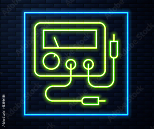 Glowing neon line Ampere meter, multimeter, voltmeter icon isolated on brick wall background. Instruments for measurement of electric current. Vector