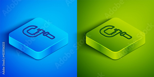 Isometric line Micrometer icon isolated on blue and green background. Measuring engineer tool. Universal device designed to measure linear dimensions. Square button. Vector