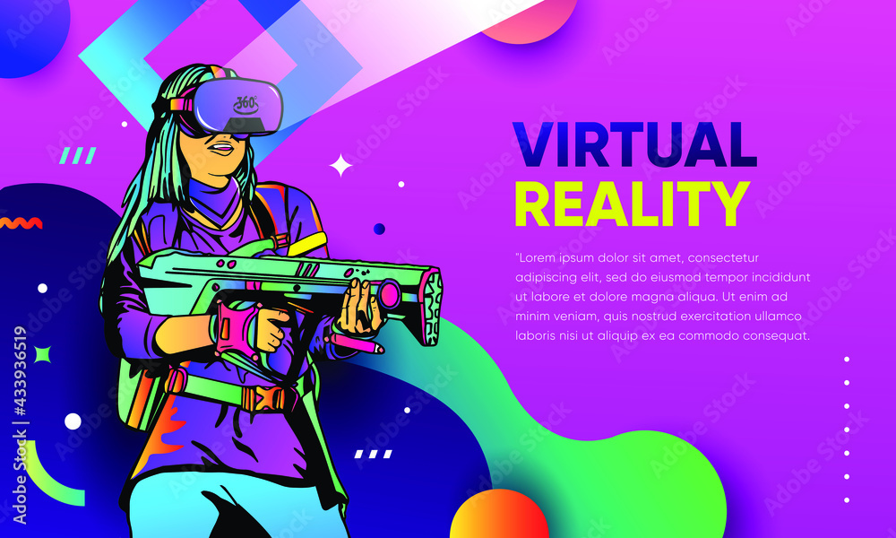 VR Virtual or augmented Reality Vector Illustration Woman Playing games for banner landing page or poster