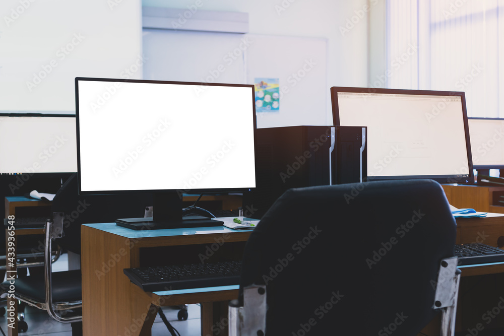 Mock up monitor in Computer training room for workshop at university, Technology Lab workplace modern classroom in Education Center Mock up monitor in Computer training room for workshop at university, Technology Lab workplace modern classroom in Education Center
