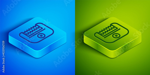 Isometric line Electrical hair clipper or shaver icon isolated on blue and green background. Barbershop symbol. Square button. Vector