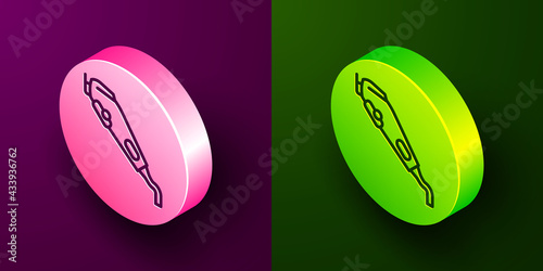 Isometric line Electrical hair clipper or shaver icon isolated on purple and green background. Barbershop symbol. Circle button. Vector