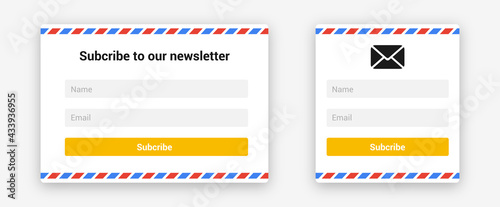 Newsletter form, email capture page set. Isolated subscribe to our newsletter card on white background. Ui design pop-up for website or app. Name, email, subscribe buttons. Vector illustration.