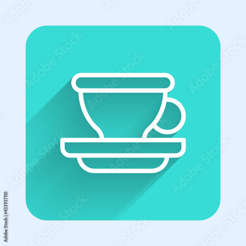 White line Coffee cup icon isolated with long shadow. Tea cup. Hot drink coffee. Green square button. Vector
