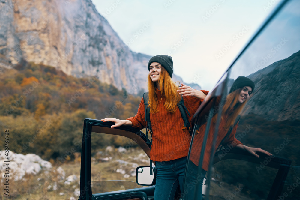cheerful woman hiker nature mountains travel car cheerful woman hiker nature mountains travel car