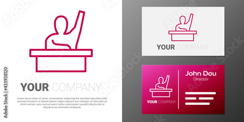 Logotype line Active male kid raising hand answering to teacher question icon isolated on white background. An elementary student raises his hand. Logo design template element. Vector