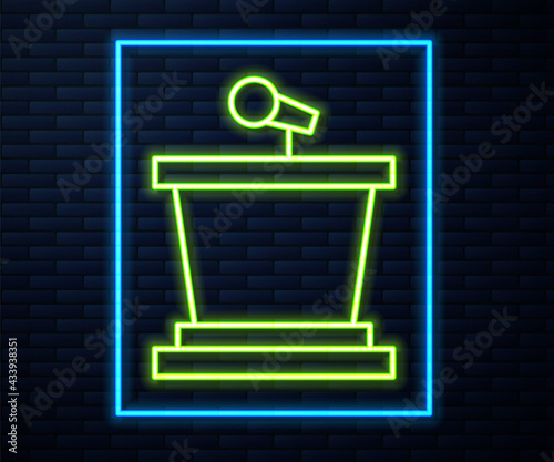 Glowing neon line Stage stand or debate podium rostrum icon isolated on brick wall background. Conference speech tribune. Vector