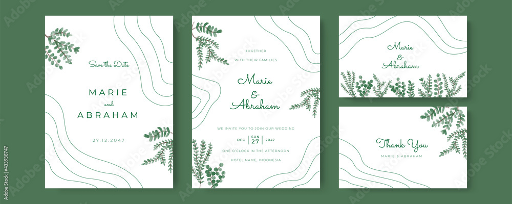 Elegant watercolor wedding invitation card with greenery leaves and gold frame lines