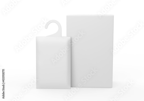 Blank fragrance hanging sachet packet bag for branding mock up, 3d render illustration.