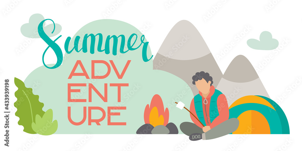 Naklejka premium banner summer adventure, a man roasts marshmallows around a campfire in front of a tent.