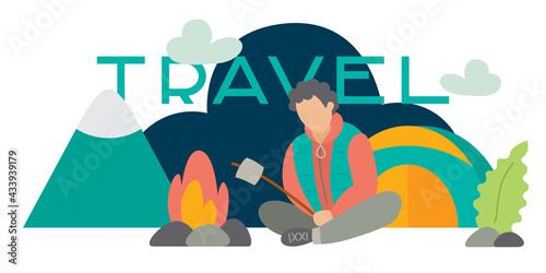 banner travel, a man with marshmallows at the campfire in front of the tent. at night in the mountains