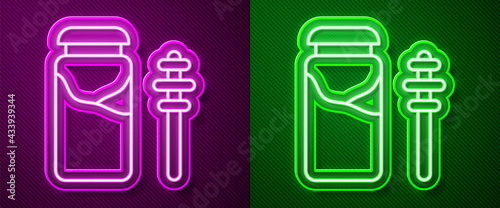 Glowing neon line Jar of honey and honey dipper stick icon isolated on purple and green background. Food bank. Sweet natural food symbol. Honey ladle. Vector