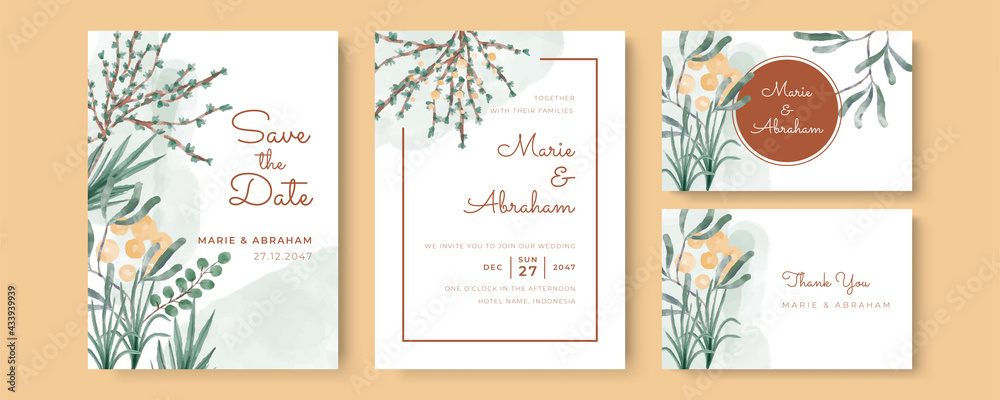 Set of card with flower rose, leaves watercolour. Wedding ornament concept. Floral poster, invite. Vector decorative greeting card or invitation design background