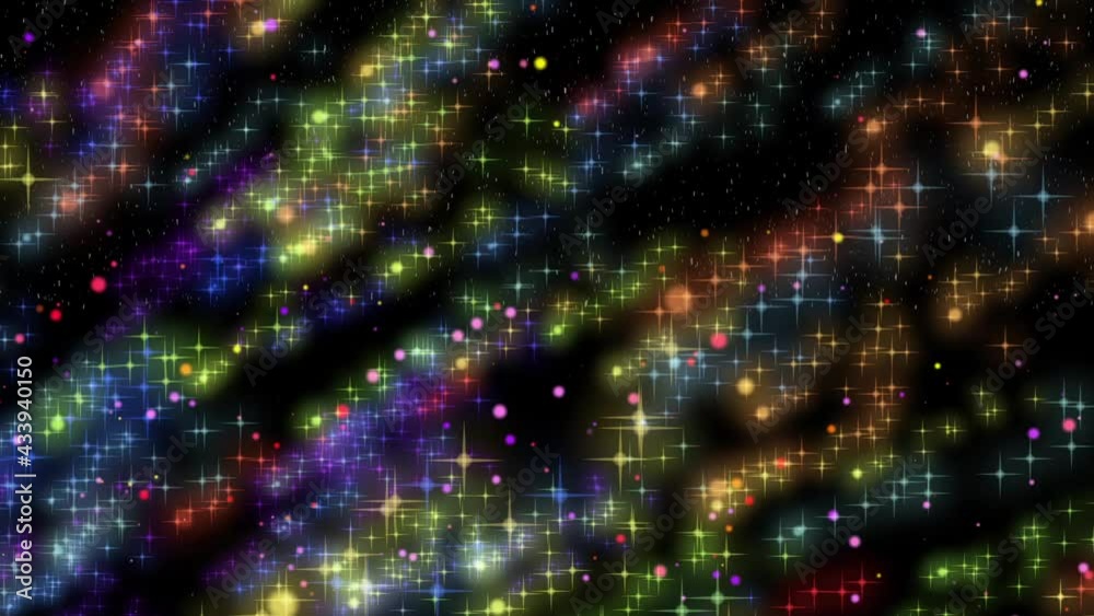 Abstract flight of stars and particles at high speed in infinite space. Futuristic technology particle design. Background of celebration, disco, anniversary, holiday. Isolated black background.