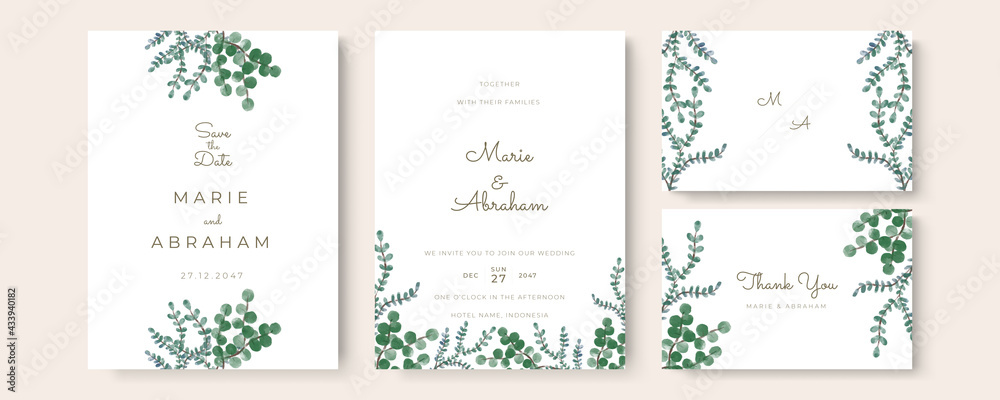Set of wedding invitation card with flower and leaves. Green blue yellow gold minimalist simple wedding floral watercolour.
