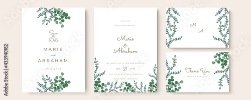 Set of wedding invitation card with flower and leaves. Green blue yellow gold minimalist simple wedding floral watercolour.