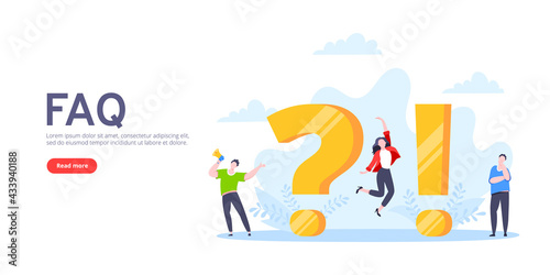 Q and A or FAQ concept with tiny people characters, big question and exclamation mark, frequently asked questions template. Answers business support concept flat style design vector illustration.