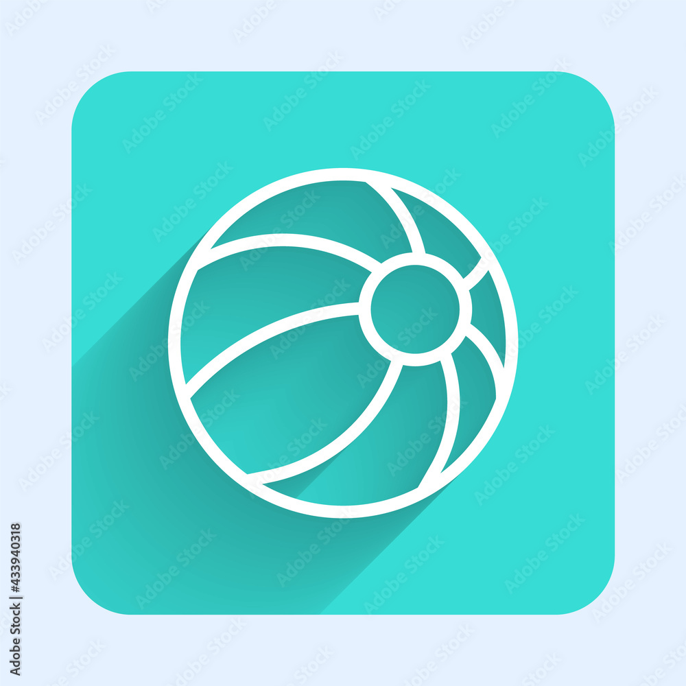 White line Beach ball icon isolated with long shadow. Children toy. Green square button. Vector White line Beach ball icon isolated with long shadow. Children toy. Green square button. Vector