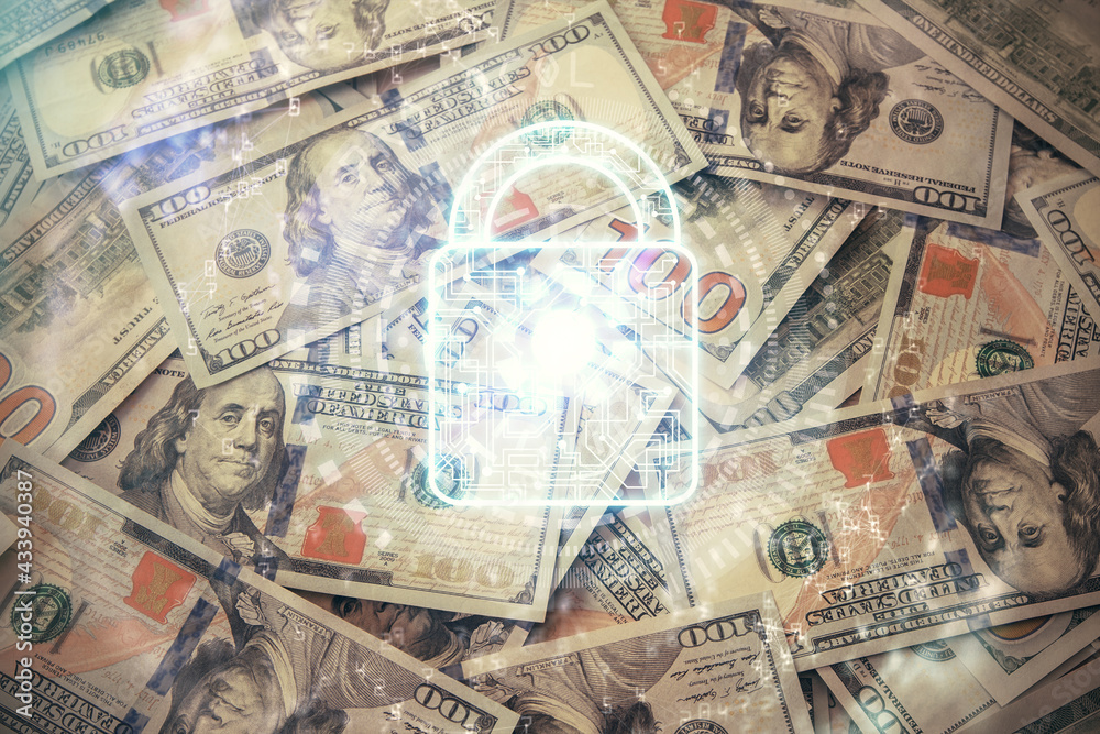 Double exposure of lock drawing over us dollars bill background. Security safe concept. Double exposure of lock drawing over us dollars bill background. Security safe concept.