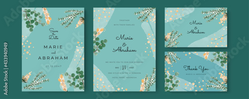 Set of wedding invitation card with flower and leaves. Green blue yellow gold minimalist simple wedding floral watercolour.
