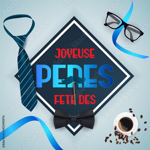 carte ou bandeau sur Joyeuse Fête des Pères en bleu et rouge dans un losange noir avec autour une cravate, lunettes, noeud papillon et une tasse de café sur une fond gris en dégradé et un ruban bleu