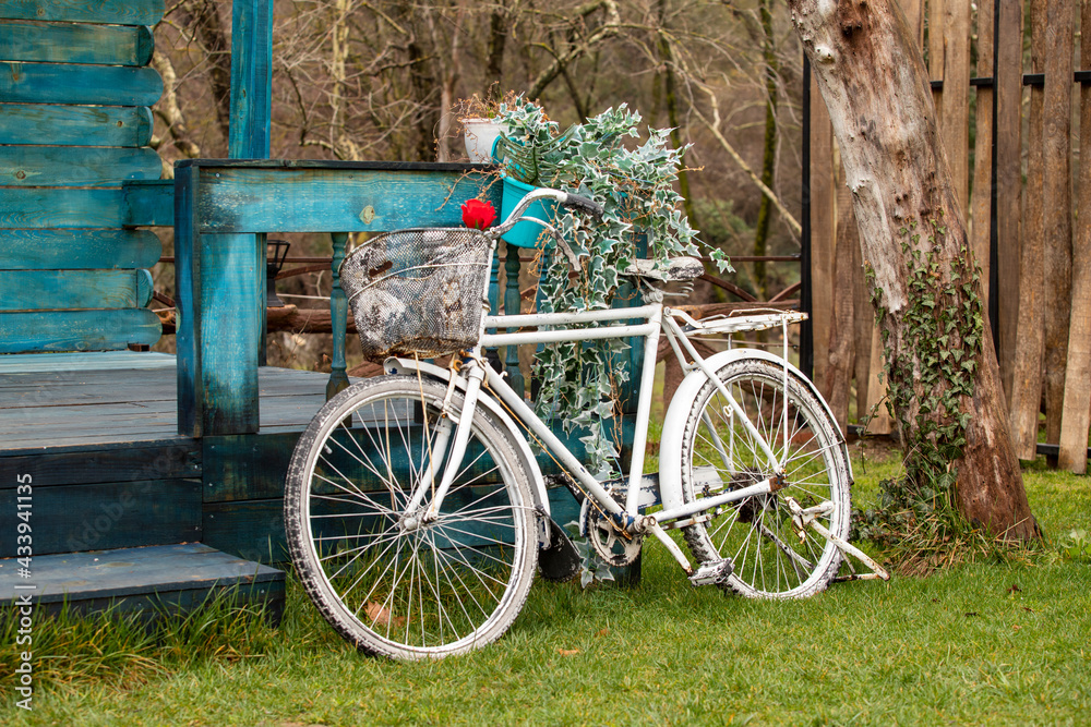 Fototapeta premium Antique bicycle in front old house