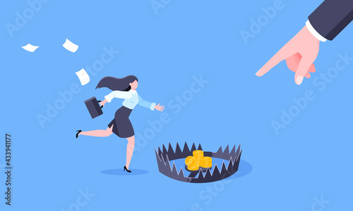 Money trap business concept. Young adult businesswoman running to catch the coin money in the steel bear trap flat style design vector illustration. Metaphor of greedy financial risk and bad solutions
